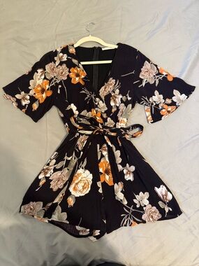 Black Floral Wrap Short Dress with Tie Waist